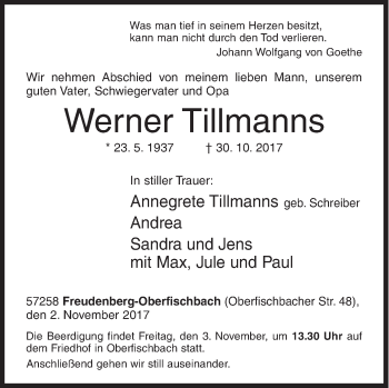 Traueranzeige von Werner Tillmanns von Siegener Zeitung