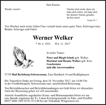 Traueranzeige von Werner Welker von Siegener Zeitung