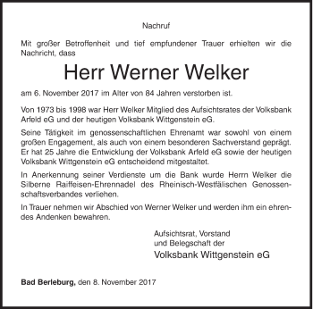 Traueranzeige von Werner Welker von Siegener Zeitung