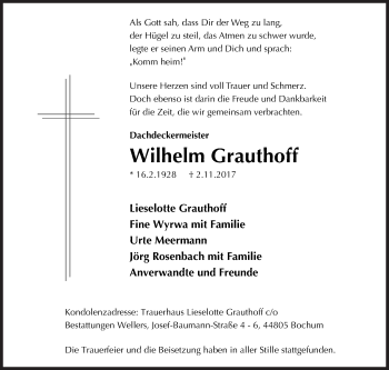Traueranzeige von Wilhelm Grauthoff von Siegener Zeitung