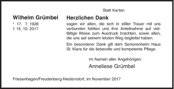 Traueranzeige von Wilhelm Grümbel von Siegener Zeitung