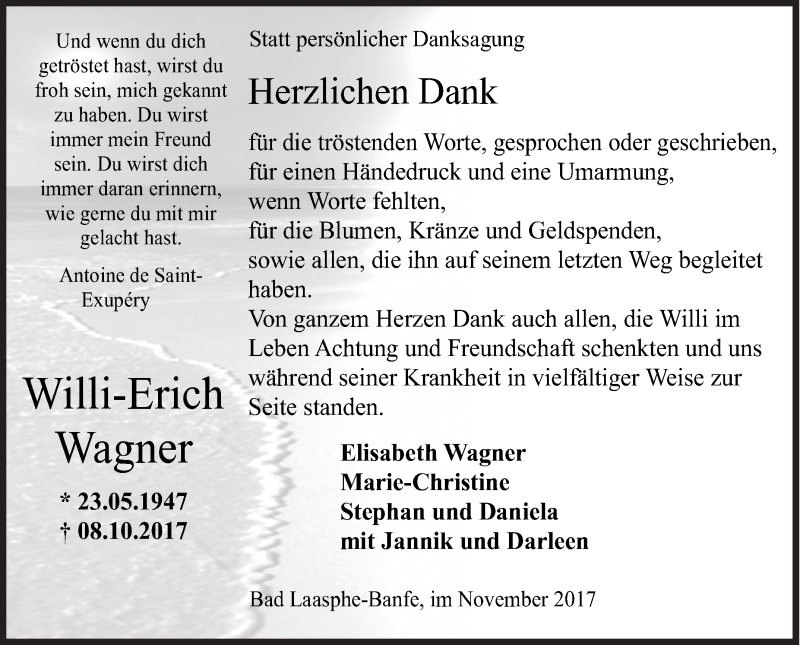  Traueranzeige für Willi-Erich Wagner vom 28.11.2017 aus Siegener Zeitung