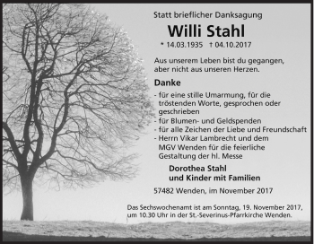 Traueranzeige von Willi Stahl von Siegener Zeitung