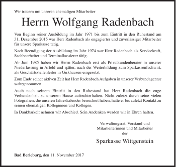 Traueranzeige von Wolfgang Radenbach von Siegener Zeitung