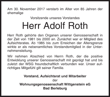Traueranzeige von Adolf Roth von Siegener Zeitung