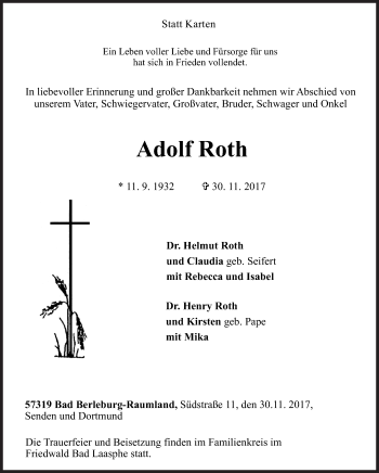 Traueranzeige von Adolf Roth von Siegener Zeitung