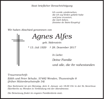 Traueranzeige von Agnes Alfes von Siegener Zeitung