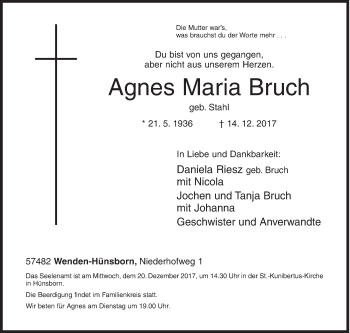 Traueranzeige von Agnes Maria Bruch von Siegener Zeitung