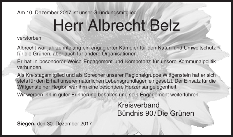  Traueranzeige für Albrecht Belz vom 30.12.2017 aus Siegener Zeitung