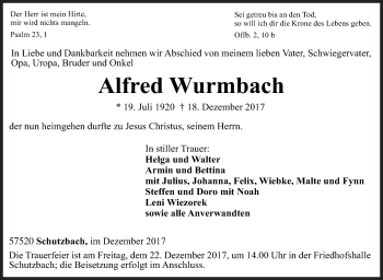 Traueranzeige von Alfred Wurmbach von Siegener Zeitung