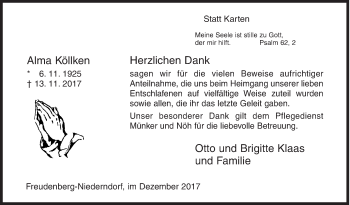 Traueranzeige von Alma Köllken von Siegener Zeitung