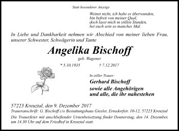 Traueranzeige von Angelika Bischoff von Siegener Zeitung