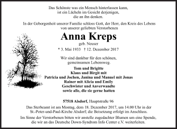 Traueranzeige von Anna Kreps von Siegener Zeitung
