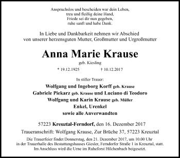 Traueranzeige von Anna Marie Krause von Siegener Zeitung