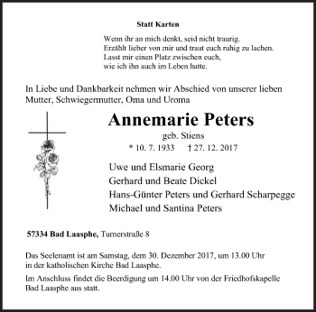 Traueranzeige von Annemarie Peters von Siegener Zeitung