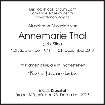 Traueranzeige von Annemarie Thal von Siegener Zeitung