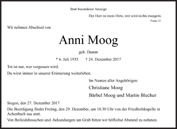Traueranzeige von Anni Moog von Siegener Zeitung