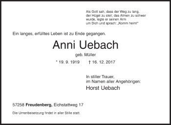 Traueranzeige von Anni Uebach von Siegener Zeitung