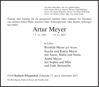 Traueranzeige von Artur Meyer von Siegener Zeitung