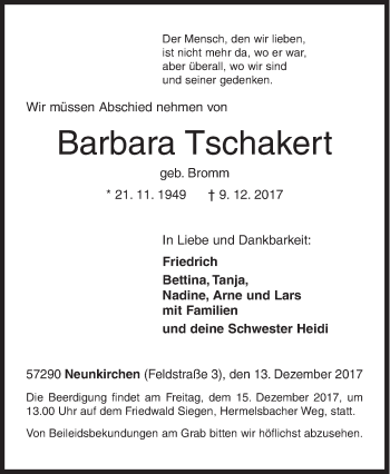 Traueranzeige von Barbara Tschakert von Siegener Zeitung