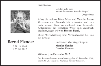 Traueranzeige von Bernd Flender von Siegener Zeitung
