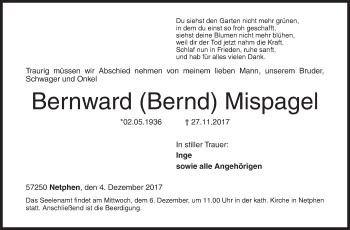 Traueranzeige von Bernward  Mispagel von Siegener Zeitung