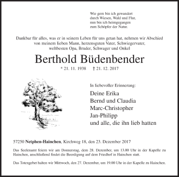 Traueranzeige von Berthold Büdenbender von Siegener Zeitung