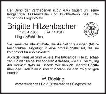 Traueranzeige von Brigitte Hilzenbecher von Siegener Zeitung