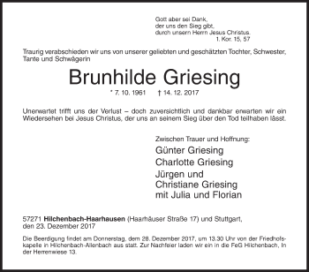 Traueranzeige von Brunhilde Griesing von Siegener Zeitung