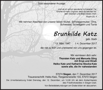 Traueranzeige von Brunhilde Katz von Siegener Zeitung
