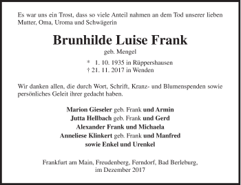 Traueranzeige von Brunhilde Luise Frank von Siegener Zeitung