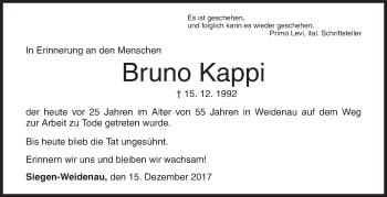 Traueranzeige von Bruno Kappi von Siegener Zeitung