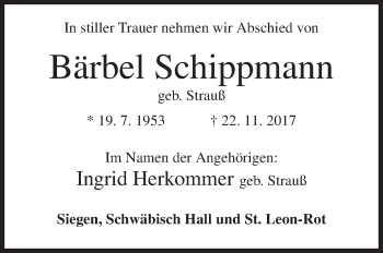Traueranzeige von Bärbel Schippmann von Siegener Zeitung