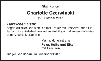 Traueranzeige von Charlotte Czerwinski von Siegener Zeitung