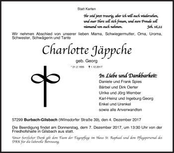 Traueranzeige von Charlotte Jäppche von Siegener Zeitung
