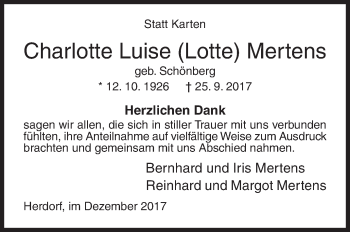 Traueranzeige von Charlotte Luise Lotte Mertens von Siegener Zeitung