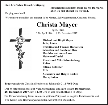 Traueranzeige von Christa Mayer von Siegener Zeitung
