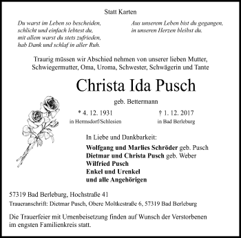 Traueranzeige von Christa Ida Pusch von Siegener Zeitung