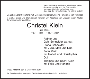 Traueranzeige von Christel Klein von Siegener Zeitung