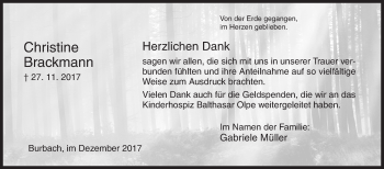 Traueranzeige von Christine Brackmann von Siegener Zeitung