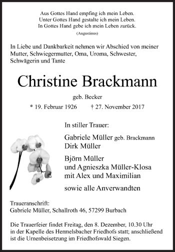 Traueranzeige von Christine Brackmann von Siegener Zeitung