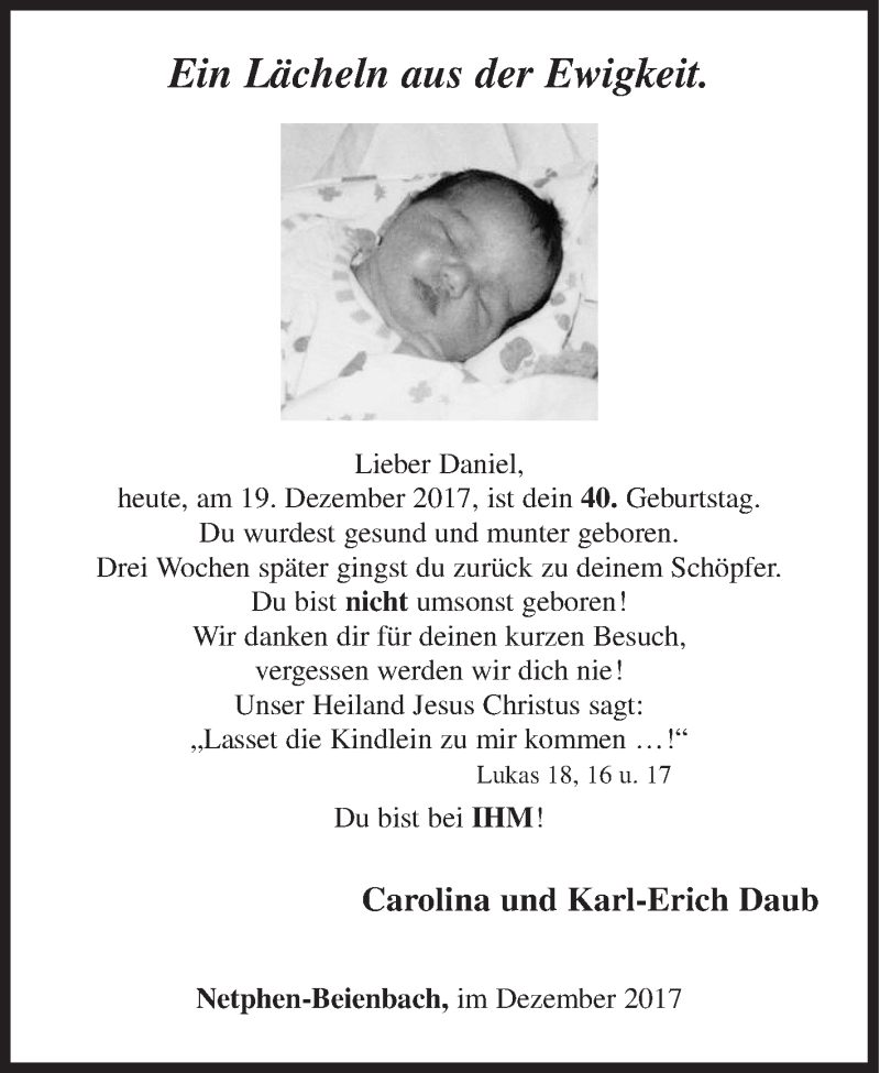  Traueranzeige für Daniel  vom 19.12.2017 aus Siegener Zeitung