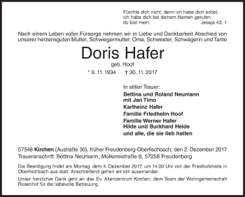 Traueranzeige von Doris Hafer von Siegener Zeitung