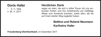 Traueranzeige von Doris Hafer von Siegener Zeitung