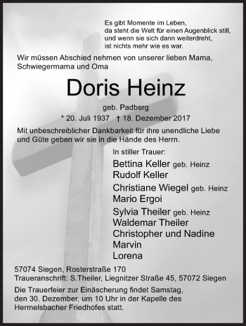 Traueranzeige von Doris Heinz von Siegener Zeitung