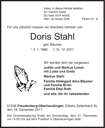 Traueranzeige von Doris Stahl von Siegener Zeitung