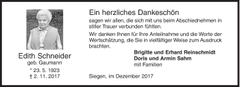 Traueranzeige von Edith Schneider von Siegener Zeitung