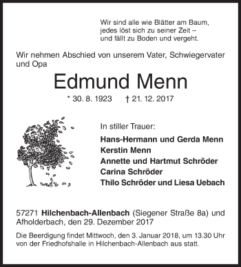 Traueranzeige von Edmund Menn von Siegener Zeitung