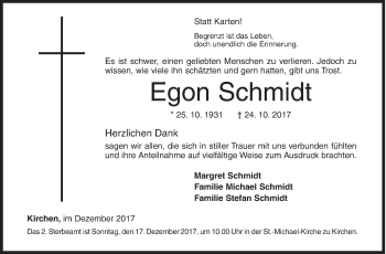 Traueranzeige von Egon Schmidt von Siegener Zeitung