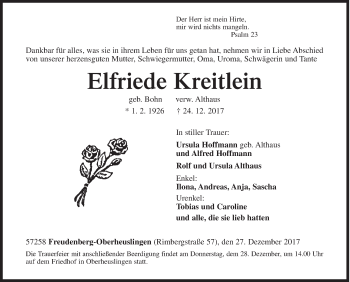 Traueranzeige von Elfriede Kreitlein von Siegener Zeitung